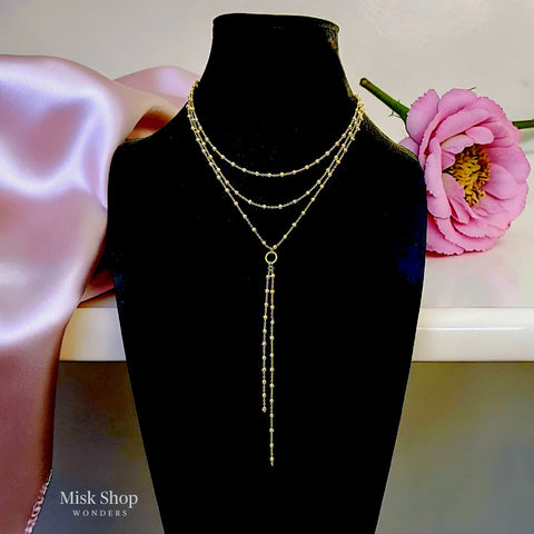 18K gold plated layered necklace with polished gold beads, halo ring and cascading drop chains for hijabi women by Misk Shop