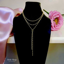 18K gold plated layered necklace with polished gold beads, halo ring and cascading drop chains for hijabi women by Misk Shop