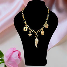 Luxury gold plated charm necklace featuring a zircon wing, star charm, decorative medallions and premium 5A zircon stones by Misk Shop
