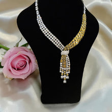 Luxury two-tone zircon jewelry set with necklace, earrings, bracelet, and free-size ring for glamorous evening occasions