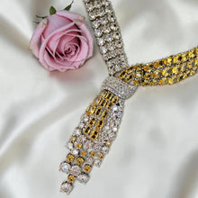 Luxury two-tone zircon jewelry set with necklace, earrings, bracelet, and free-size ring for glamorous evening occasions