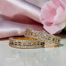 Luxury wide wedding ring with 21K gold plating and high clarity zircon stones by Misk Shop Jordan.