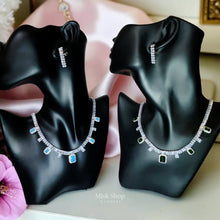 Luxury zircon jewelry set with necklace, bracelet, and earrings in emerald green or turquoise blue