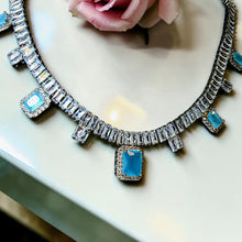 Luxury zircon jewelry set with necklace, bracelet, and earrings in emerald green or turquoise blue