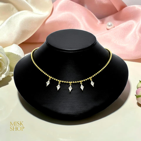 Gold-plated ball chain choker with five high-transparency marquise zircon drops
