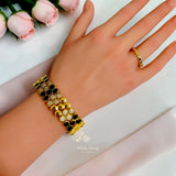 Wide 21K gold plated honeycomb zircon bracelet worn on the wrist; ring not included