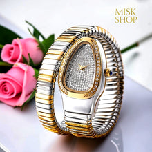 Front view of MISS FOX Bvlgari-inspired two-tone crystal watch
