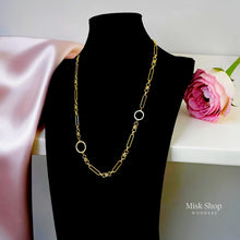 Monaco Circles long gold paper clip necklace with zircon-studded circle accents by Misk Shop