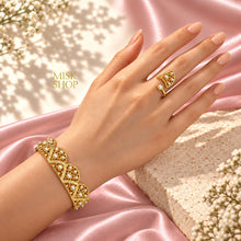 Pearl fan bracelet and ring set worn on hand