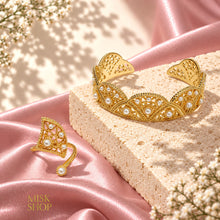 Open cuff pearl fan bracelet and matching ring set