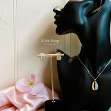 Coffee bean inspired zircon necklace and earrings set available in clear and turquoise