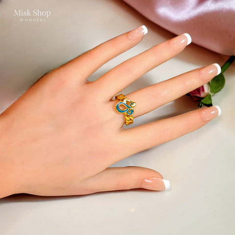 21K gold plated ornate Qul Arabic calligraphy ring with blue enamel – Misk Shop