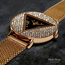 Gold-tone women's triangular dial mesh watch with zircon frame by Misk Shop.