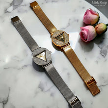 Silver and gold triangular zircon mesh watches by Misk Shop.