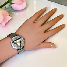 Silver triangular zircon mesh watch styled on the wrist by Misk Shop.