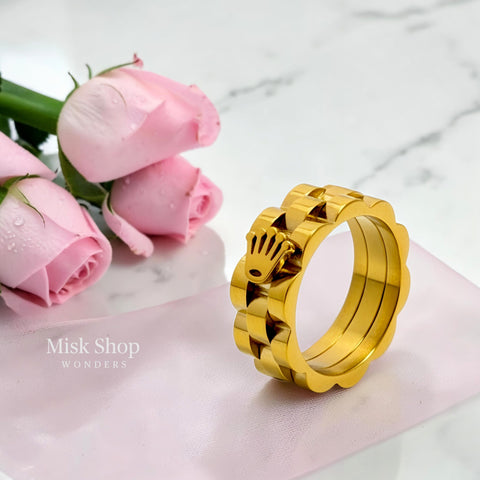 Gold Rolex-inspired 304 stainless steel ring with 21K yellow gold plating