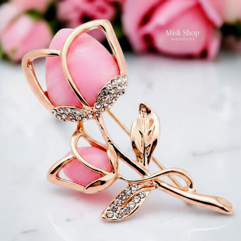 Handcrafted rose gold tulip flower brooch with pink petals and zircon stones by Misk Shop.