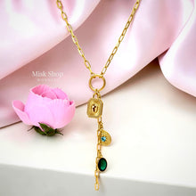 18K gold plated long necklace with emerald green zircon stone, blue zircon accents and elegant paper clip chain design by Misk Shop