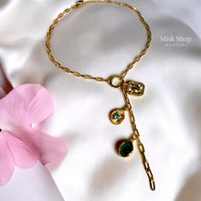 18K gold plated long necklace with emerald green zircon stone, blue zircon accents and elegant paper clip chain design by Misk Shop