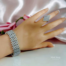 Royal luxury zircon jewelry set with statement necklace, earrings, bracelet, and free-size ring for bridal and luxury formal occasions