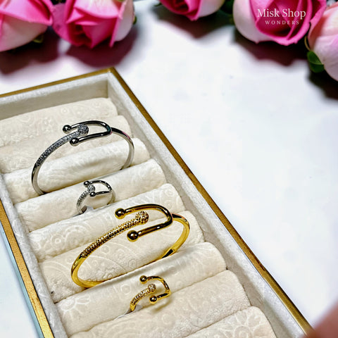 Misk Shop Tiffany inspired copper bangle and free-size ring set with high-clarity zircon in yellow gold plated and white gold plated options