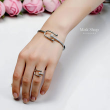 Misk Shop Tiffany inspired white gold plated bangle and free-size ring set with high-clarity zircon styled on a hand