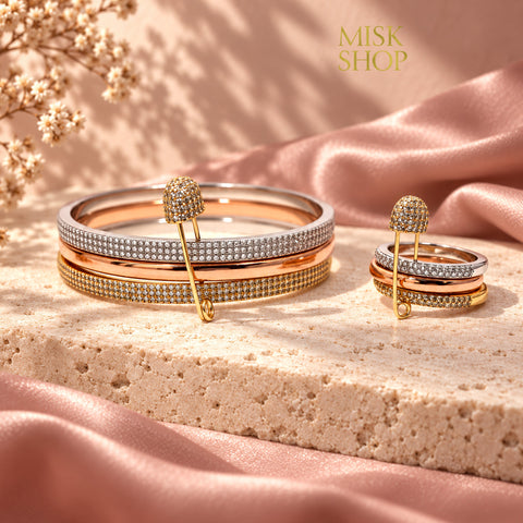 Three-tone triple bangle and matching triple ring set with detachable zirconia safety pin