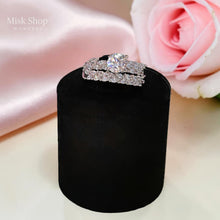 Luxury twin wedding ring set with white gold and platinum plating and high clarity zirconia stones by Misk Shop Jordan.