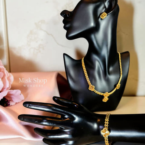Van Cleef inspired clover jewelry set necklace bracelet earrings gold plated elegant jewelry from Misk Shop
