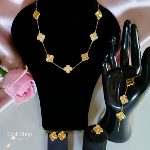 Luxury Van Cleef inspired jewelry set with natural shell and zircon gold plated necklace bracelet ring earrings