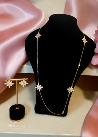 Long zircon flower necklace set with matching earrings 18k gold tone elegant jewelry from Misk Shop
